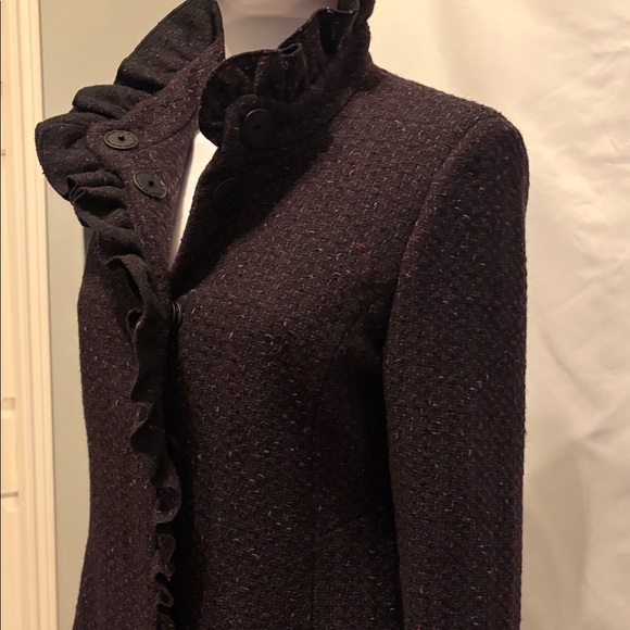 DKNY Dark Purple Tweed Wool Ruffle Coat – Cabernet – Size 6 - Picture 3 of 6
